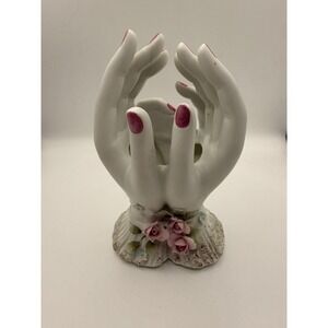 Vintage Lefton's Porcelain Lady Hands Ring / Trinket Holder White Pink Roses